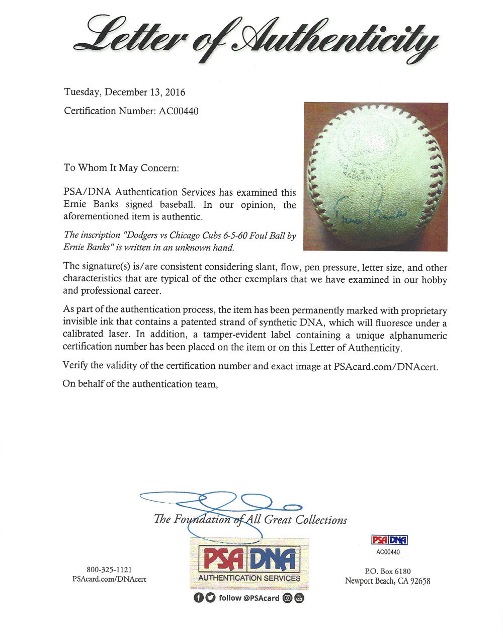 Ernie Banks Autographed Official National League Game Used Baseball Chicago Cubs Vintage Signature "Foul Ball 1960" PSA/DNA #AC00440