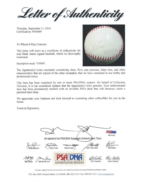 Hank Aaron Autographed Baseball Atlanta Braves "5/9/69" Vintage Signature PSA/DNA #W05049