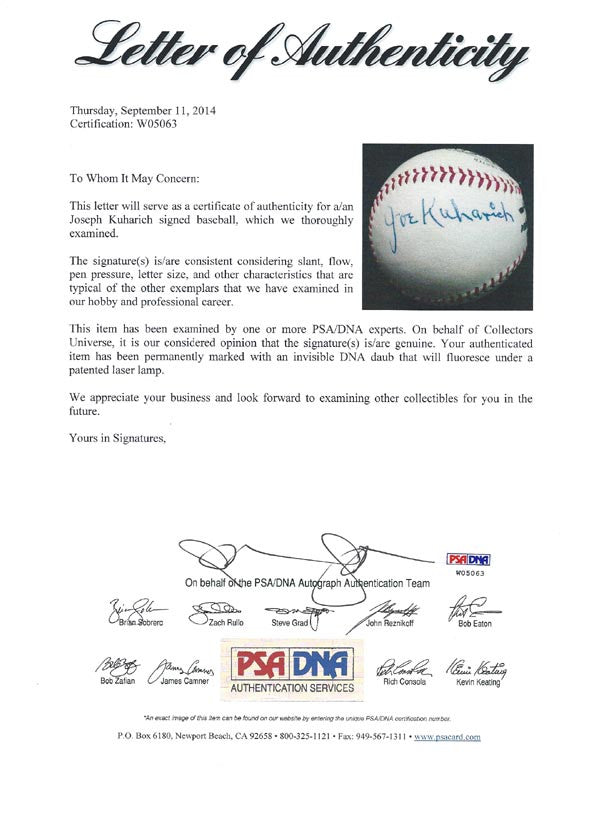 Joseph Joe Kuharich Autographed Official NL Giles Baseball Notre Dame Fighting Irish PSA/DNA #W05063