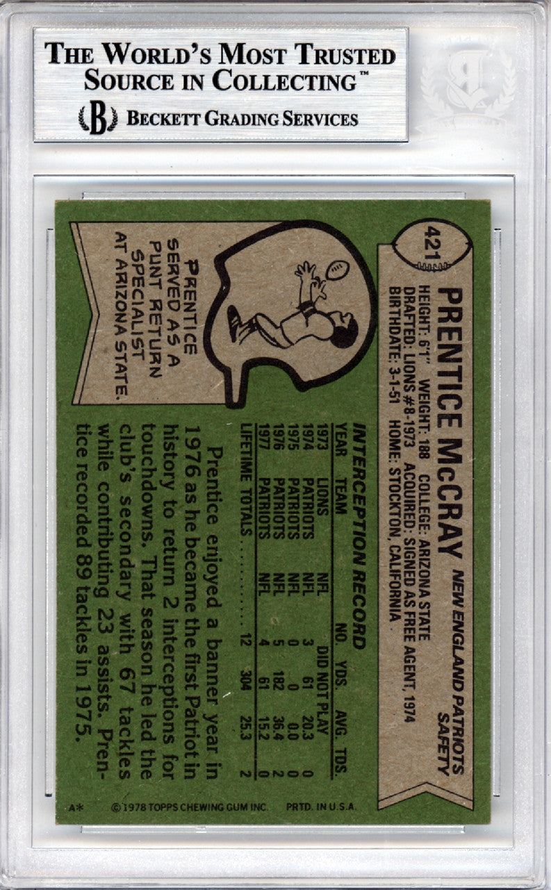 Prentice McCray Autographed 1978 Topps Card #421 New England Patriots Beckett BAS #10447457