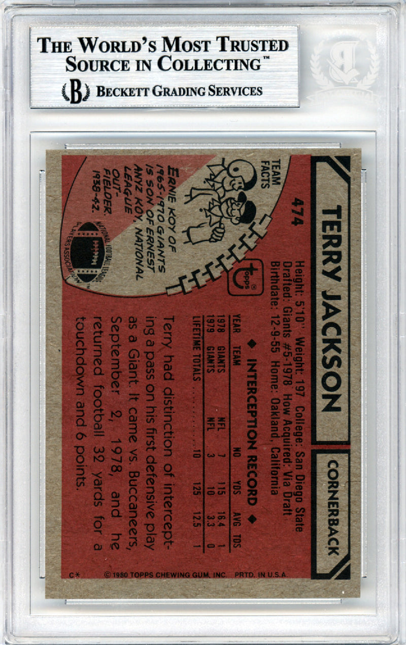 Terry Jackson Autographed 1980 Topps Card #474 New York Giants Beckett BAS #10447822