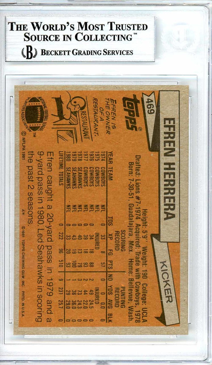 Efren Herrera Autographed 1981 Topps Card #469 Seattle Seahawks Beckett BAS #10712043