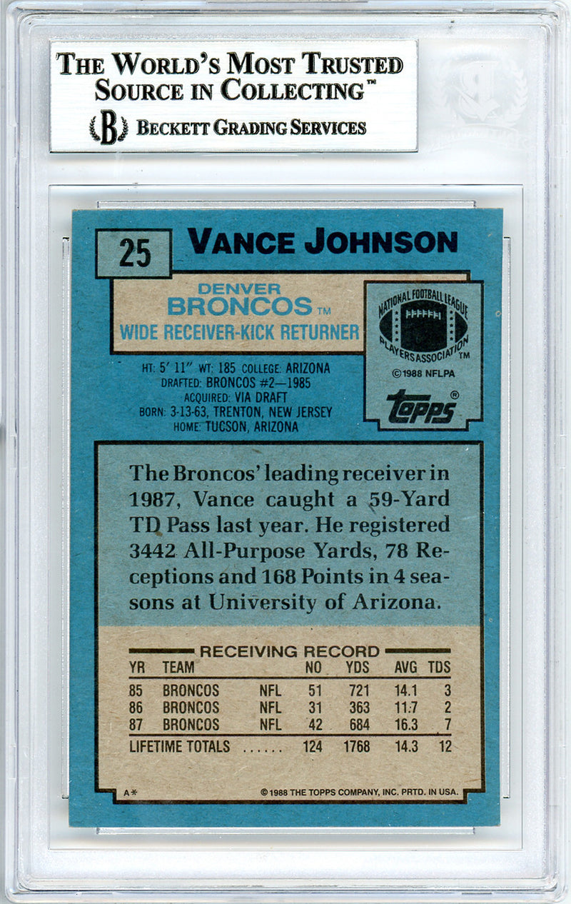 Vance Johnson Autographed 1988 Topps Card #25 Denver Broncos Beckett BAS #10737205