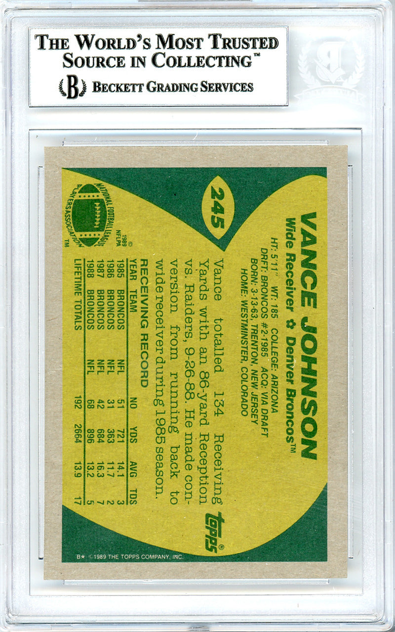 Vance Johnson Autographed 1989 Topps Card #245 Denver Broncos Beckett BAS #10737623