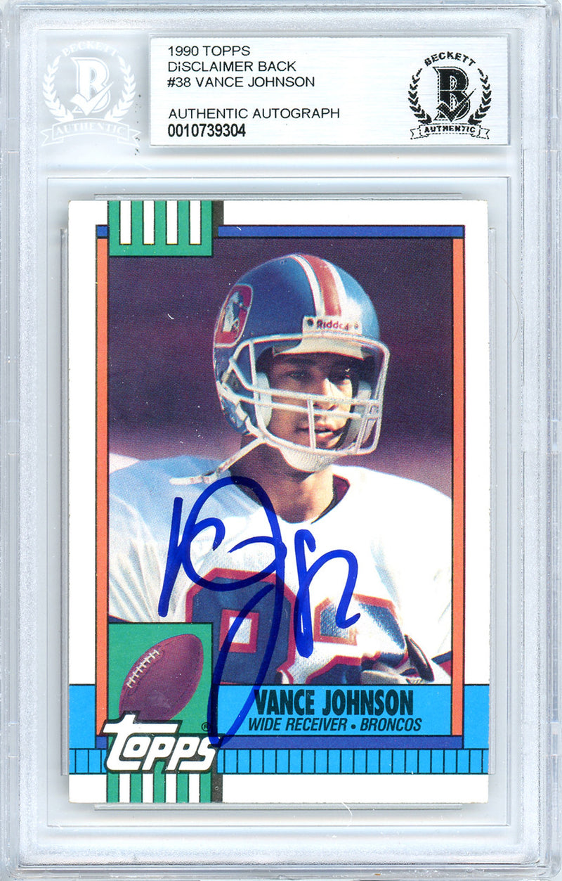 Vance Johnson Autographed 1990 Topps Card #38 Denver Broncos Beckett BAS #10739304