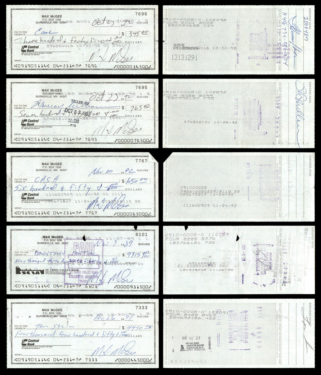 Max McGee Autographed 2.75x6 Check Green Bay Packers Lot of 50 SKU #174046