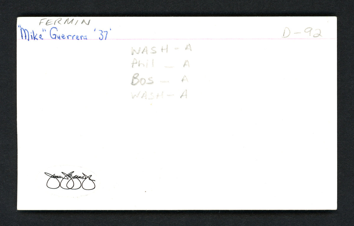 Fermin Mike Guerra Autographed 3x5 Index Card Philadelphia A's, Washington Senators JSA SOA SKU #111172