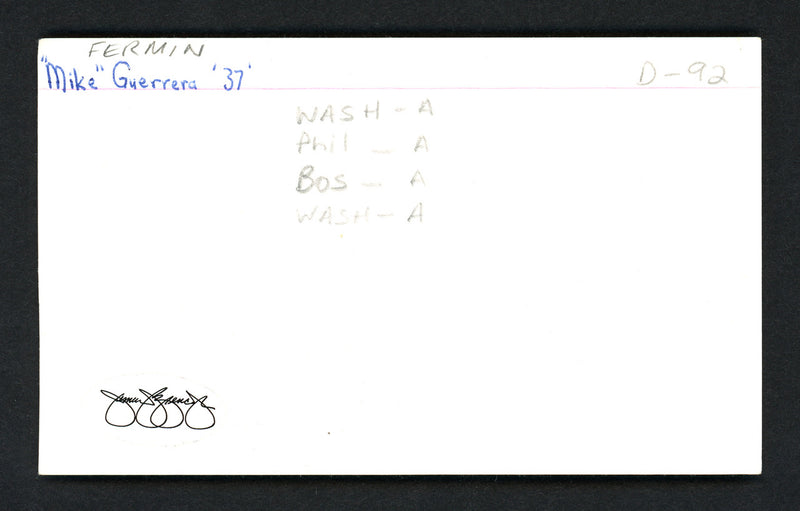 Fermin Mike Guerra Autographed 3x5 Index Card Philadelphia A's, Washington Senators JSA SOA SKU #111172