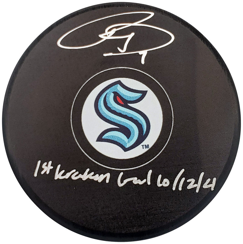 Ryan Donato Autographed Official Seattle Kraken Logo Hockey Puck "First Kraken Goal 10/12/21" Fanatics Holo Stock #200864