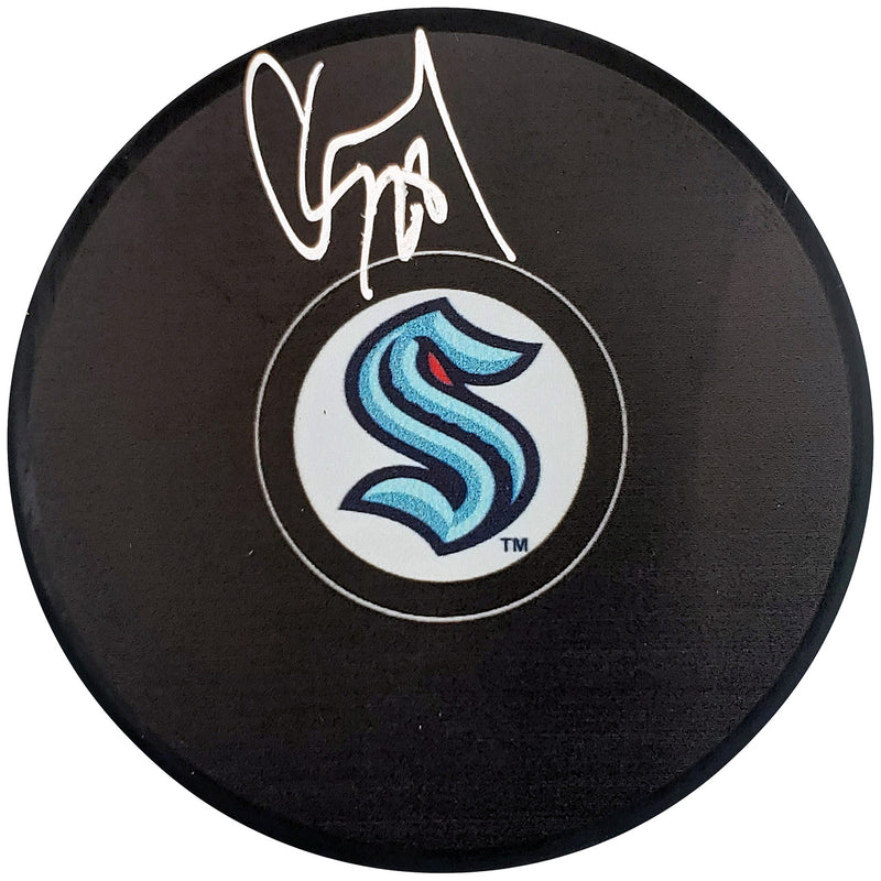 Carson Soucy Autographed Official Seattle Kraken Logo Hockey Puck Fanatics Holo Stock #200866