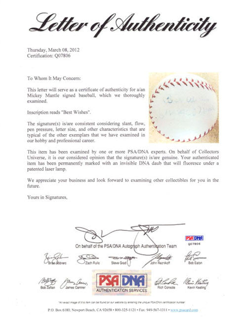 Mickey Mantle Autographed Park League Baseball New York Yankees "Best Wishes" 1950's Vintage Signature PSA/DNA #Q07806