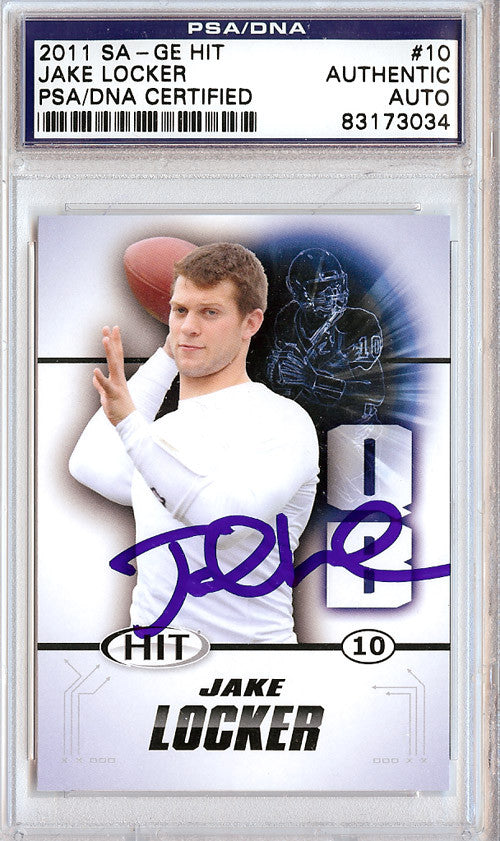 Jake Locker Autographed 2011 Hit Rookie Card #10 Washington Huskies PSA/DNA Stock #26940