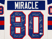 1980 Team USA Miracle on Ice Autographed Framed White Jersey "Do You Believe In Miracles?!" With 18 Signatures Including Eruzione & Craig Beckett BAS Witness Stock #262550