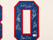 1980 Team USA Miracle on Ice Autographed Framed White Jersey "Do You Believe In Miracles?!" With 18 Signatures Including Eruzione & Craig Beckett BAS Witness Stock #262550
