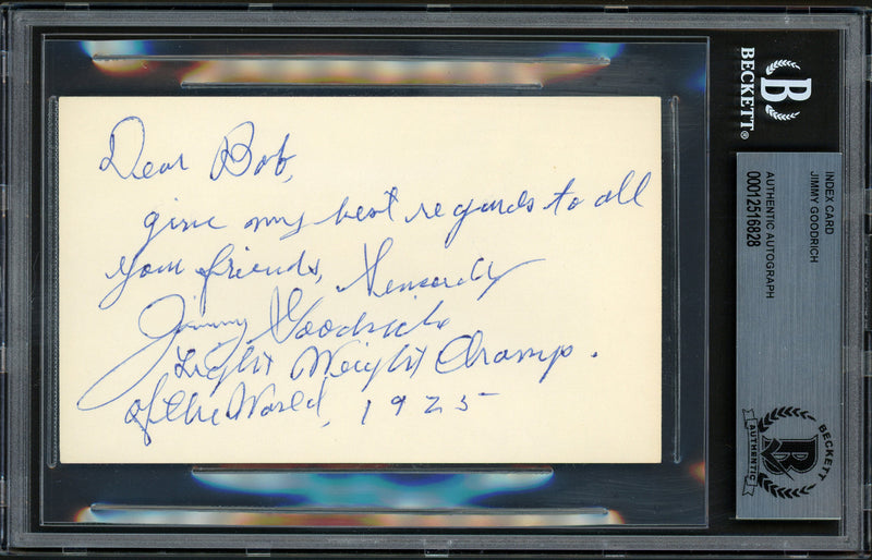 Jimmy Goodrich Autographed 3x5 Index Card 1925 Lightweight Champion "To Bob" Beckett BAS #12516828