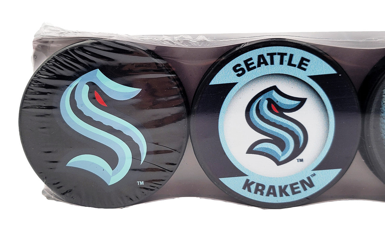 Seattle Kraken Unsigned Official 4 Hockey Puck NHL Collection Pack Stock #201906