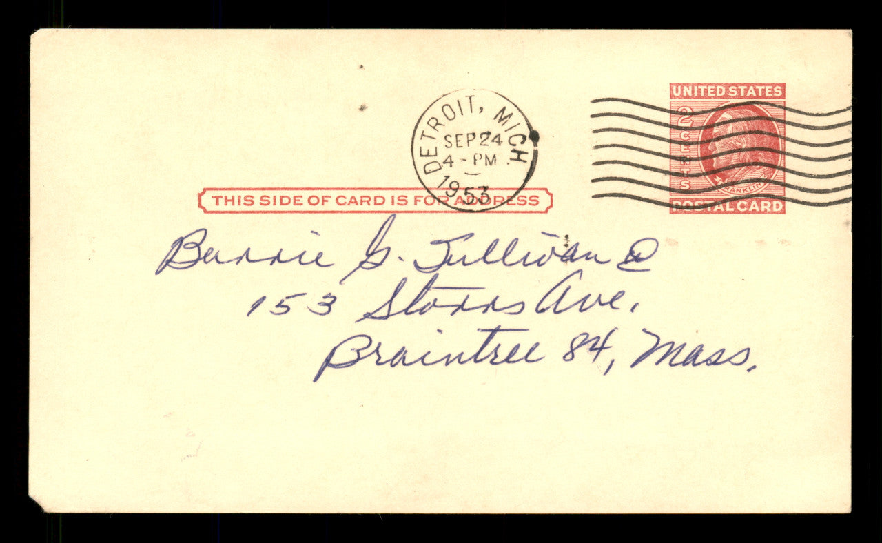 Bob Nieman Autographed 3.25x5.5 Government Postcard Detroit Tigers "Best Wishes" SKU #201391