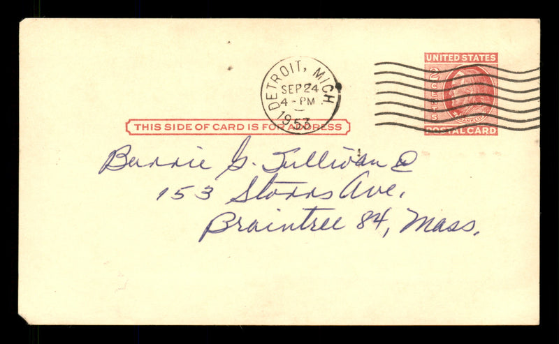 Bob Nieman Autographed 3.25x5.5 Government Postcard Detroit Tigers "Best Wishes" SKU #201391