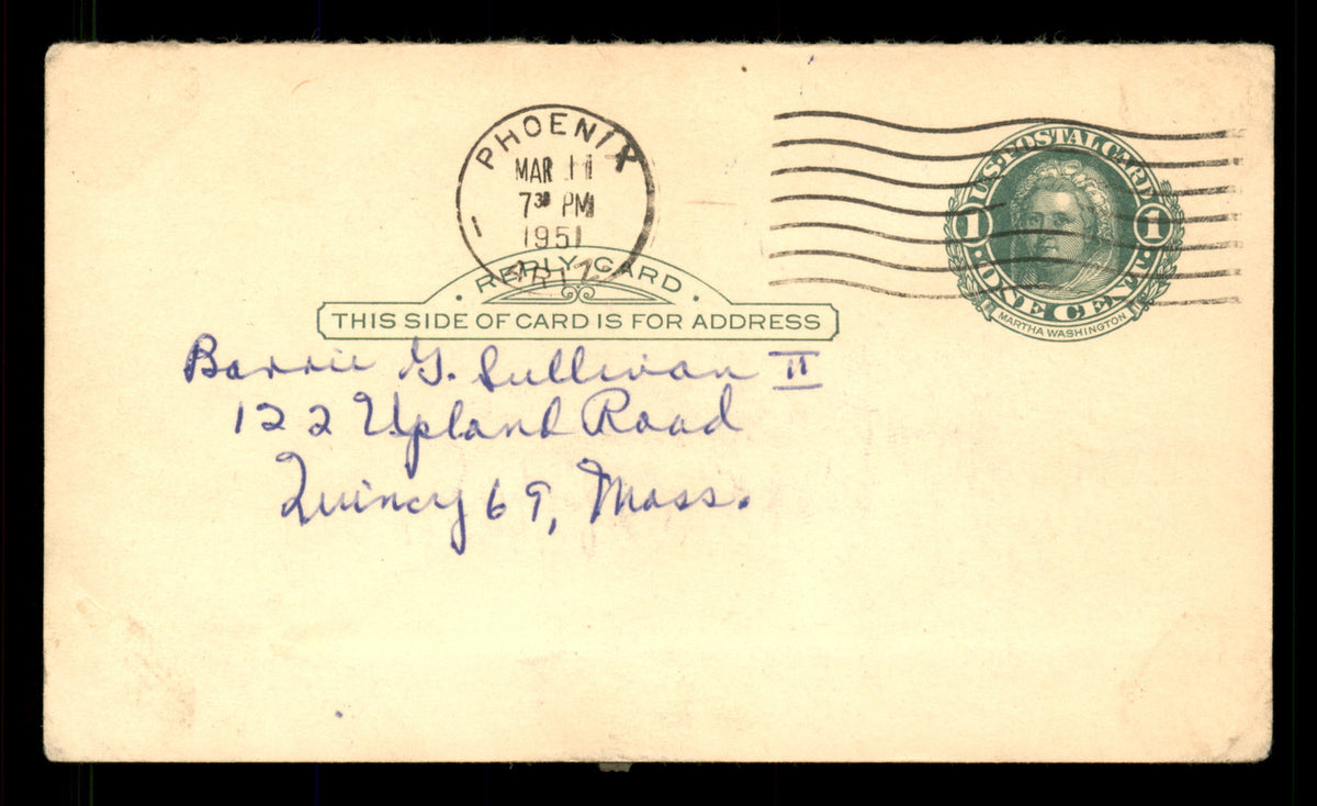 Bill Johnson Autographed 3.25x5.5 Government Postcard New York Yankees "World Series 1950 Best Wishes" SKU #201431