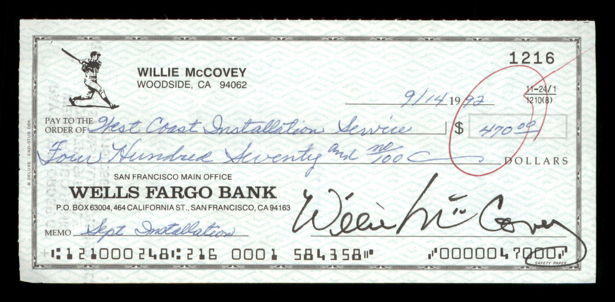 Willie McCovey Autographed 2.75x6 Check San Francisco Giants 1216 SKU #201475