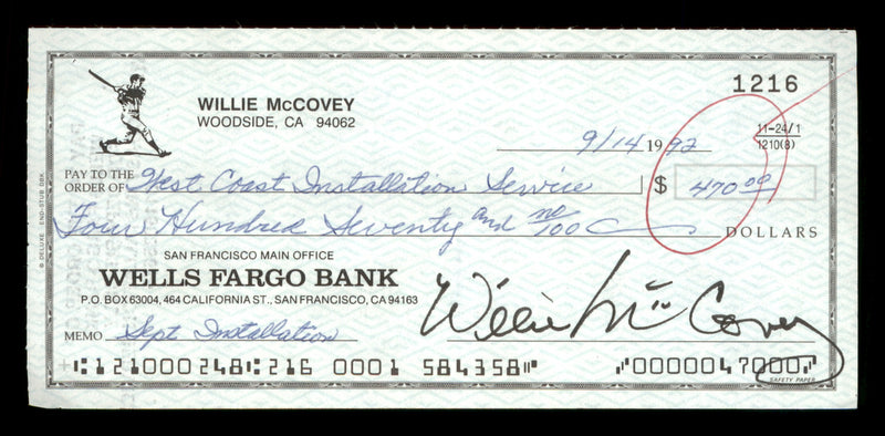 Willie McCovey Autographed 2.75x6 Check San Francisco Giants 1216 SKU #201475
