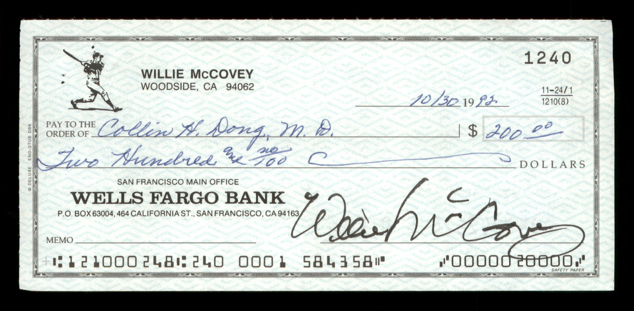 Willie McCovey Autographed 2.75x6 Check San Francisco Giants 1240 SKU #201476