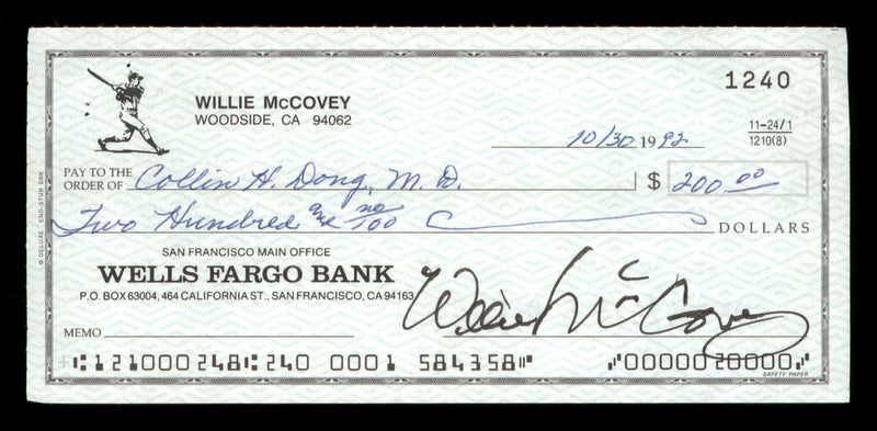 Willie McCovey Autographed 2.75x6 Check San Francisco Giants 1240 SKU #201476