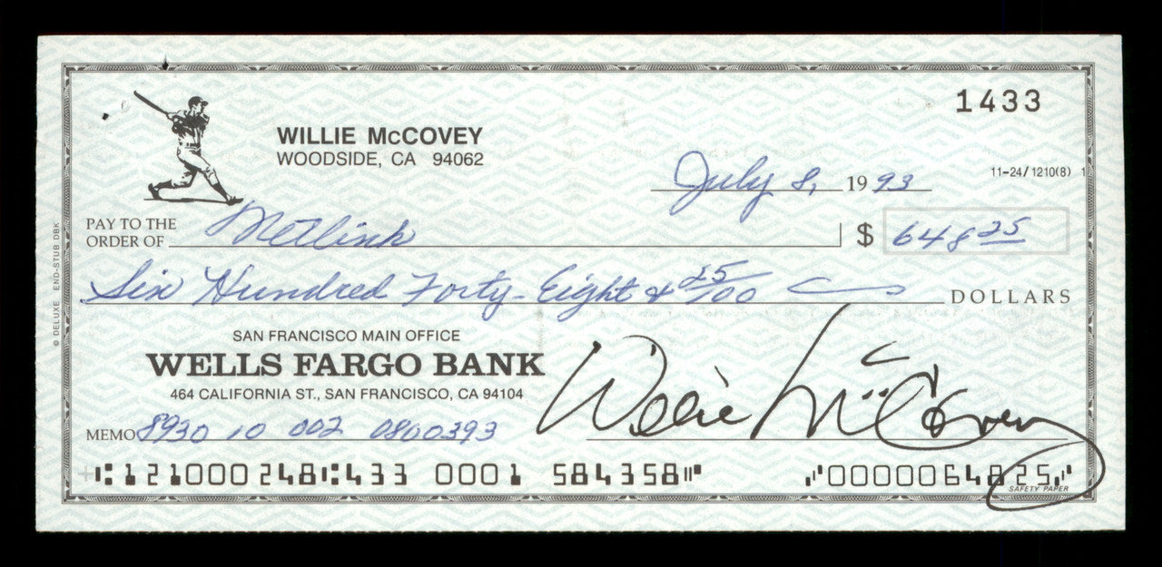 Willie McCovey Autographed 2.75x6 Check San Francisco Giants 1433 SKU #201490