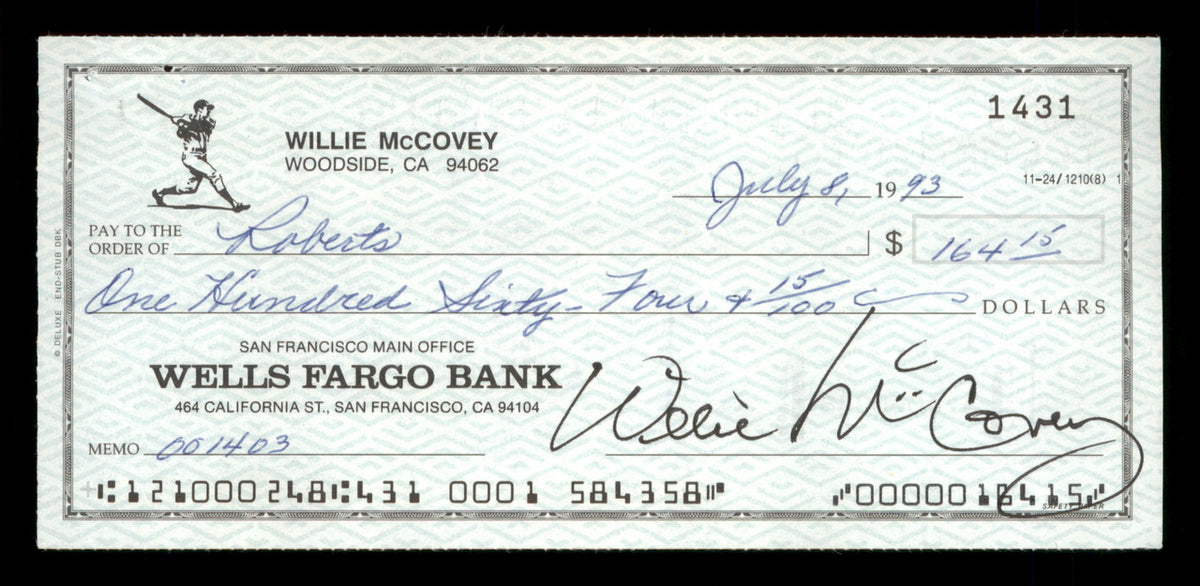 Willie McCovey Autographed 2.75x6 Check San Francisco Giants 1431 SKU #201492