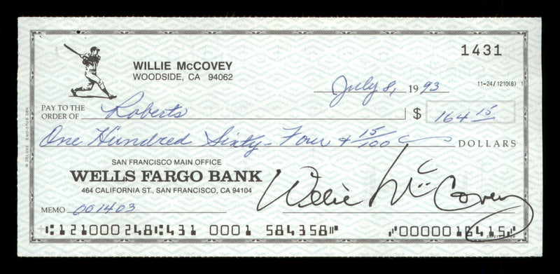 Willie McCovey Autographed 2.75x6 Check San Francisco Giants 1431 SKU #201492