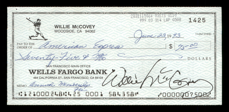 Willie McCovey Autographed 2.75x6 Check San Francisco Giants 1425 SKU #201496