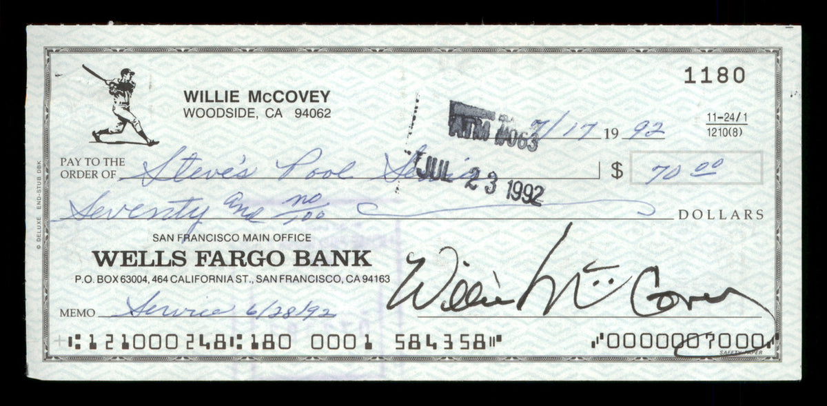 Willie McCovey Autographed 2.75x6 Check San Francisco Giants 1180 SKU #201504
