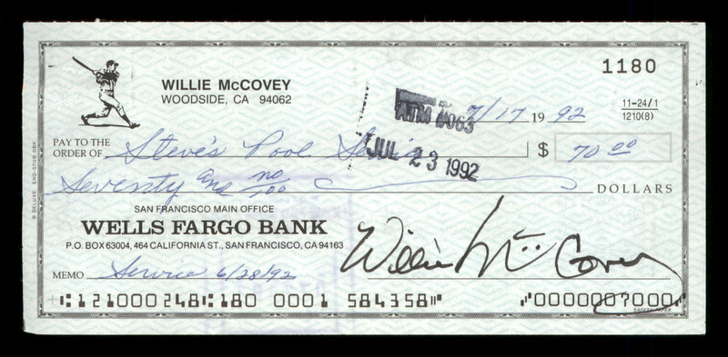 Willie McCovey Autographed 2.75x6 Check San Francisco Giants 1180 SKU #201504