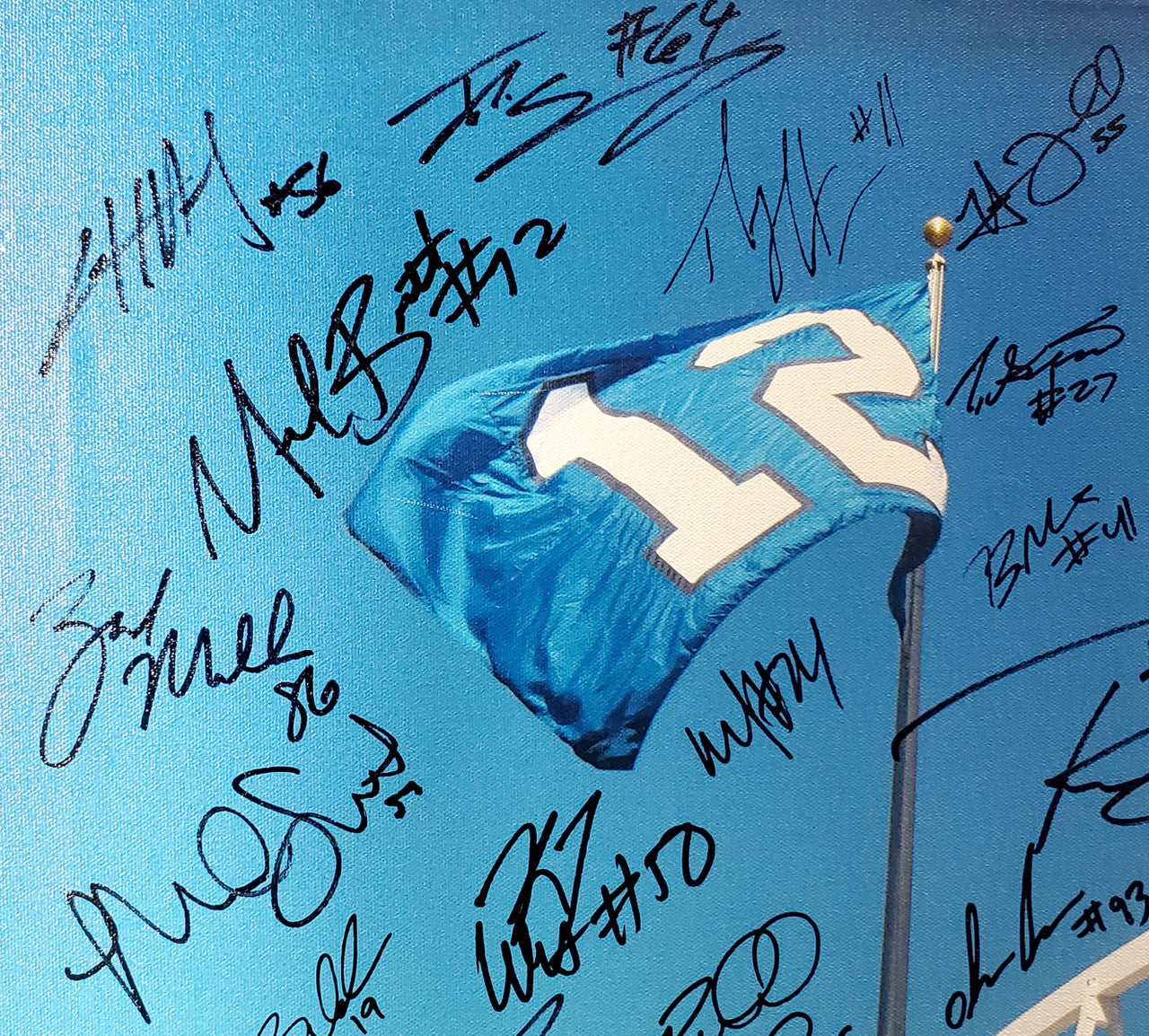 Seattle Seahawks Super Bowl XLVIII Champion Autographed Framed 20x30 Canvas Photo "SB XLVIII Champs!" With 42 Signatures Including Russell Wilson & Marshawn Lynch #/112 MCS Holo Stock #94470