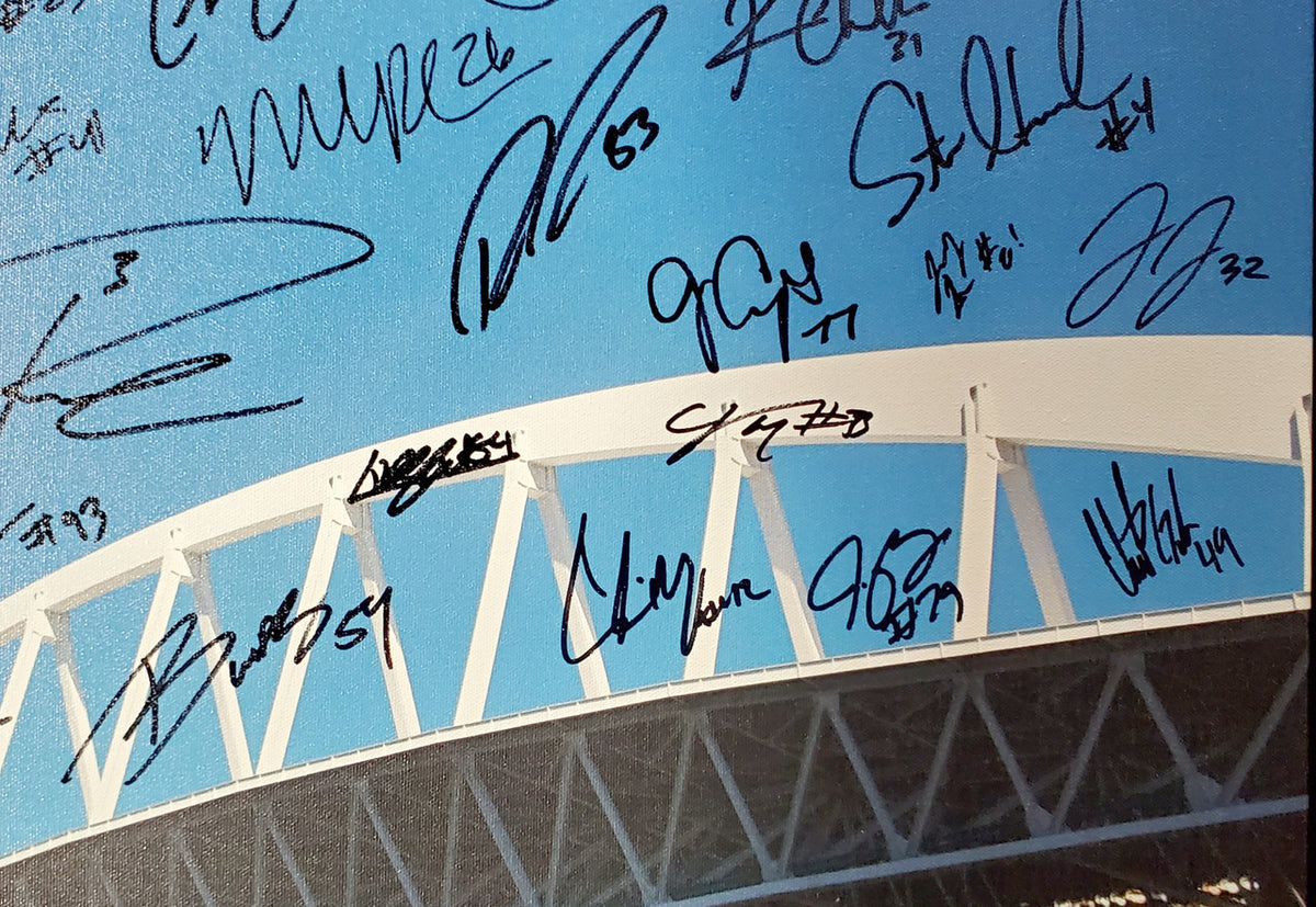 Seattle Seahawks Super Bowl XLVIII Champion Autographed Framed 20x30 Canvas Photo "SB XLVIII Champs!" With 42 Signatures Including Russell Wilson & Marshawn Lynch #/112 MCS Holo Stock #94470