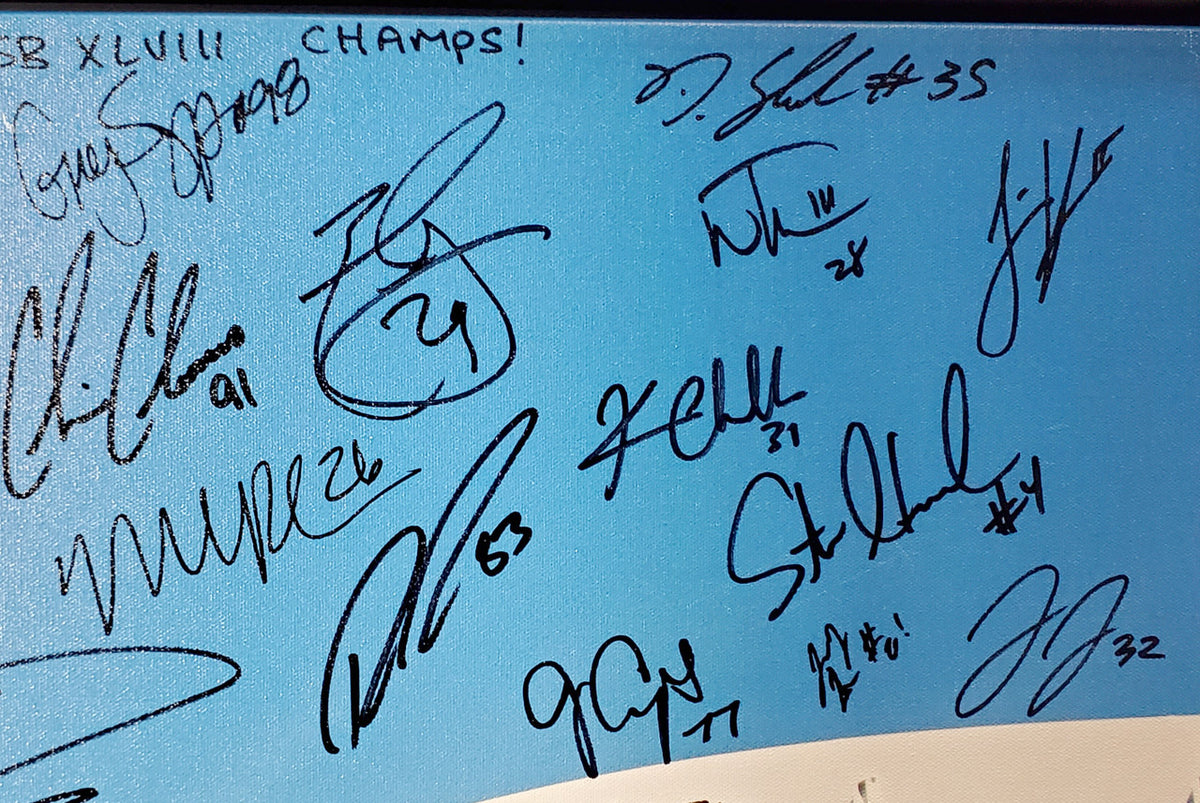Seattle Seahawks Super Bowl XLVIII Champion Autographed Framed 20x30 Canvas Photo "SB XLVIII Champs!" With 42 Signatures Including Russell Wilson & Marshawn Lynch #/112 MCS Holo Stock #94470