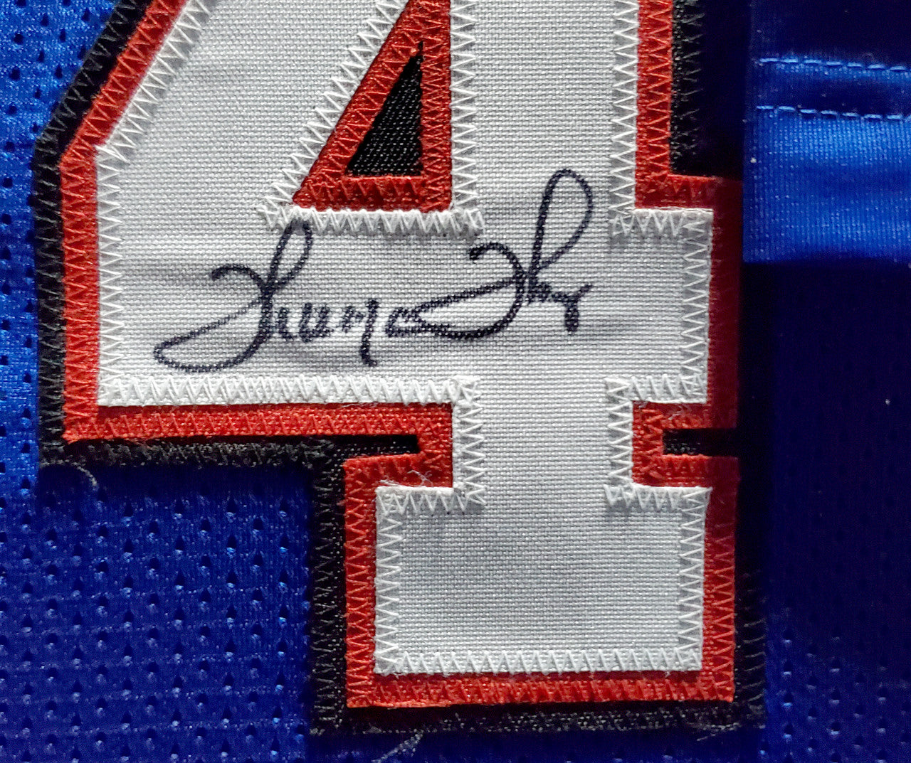 Buffalo Bills Team Greats Autographed Framed Blue Jersey With 3 Signatures Including Jim Kelly, Thurman Thomas & Andre Reed Beckett BAS Stock #195234