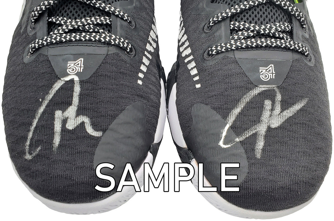 Giannis Antetokounmpo Autographed Black Nike Immortality Shoes Miami Heat Size 12.5 Pair Beckett BAS QR Stock #197428