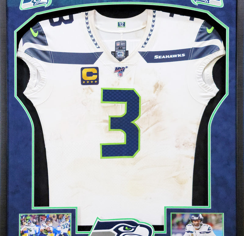 Russell Wilson Framed Game Used Seattle Seahawks White Nike Jersey With Captain's Patch & NFL 100 Logo Unsigned SKU #203517