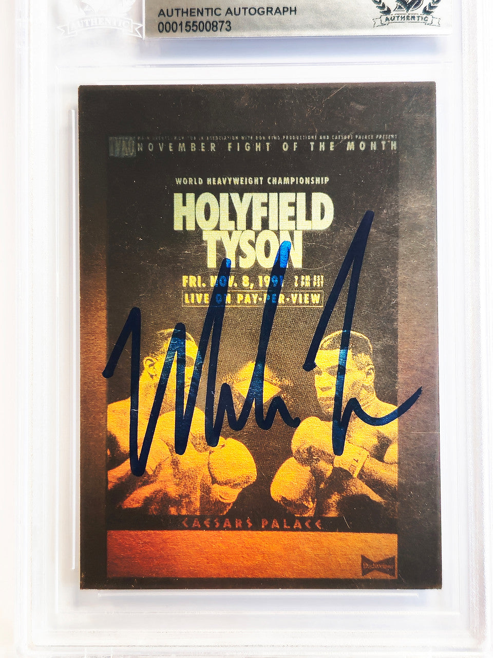 Mike Tyson Autographed 1992 Kayo Gold Hologram Card vs. Evander Holyfield Beckett BAS #15500873