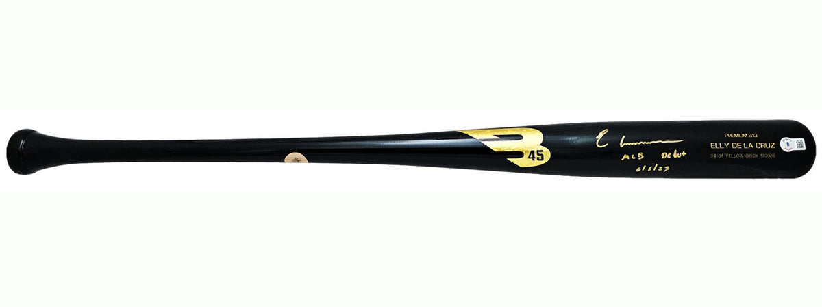 Elly De La Cruz Autographed Black B45 Player Model Bat Cincinnati Reds "MLB Debut 6/6/23" Beckett BAS Witness Stock #218704