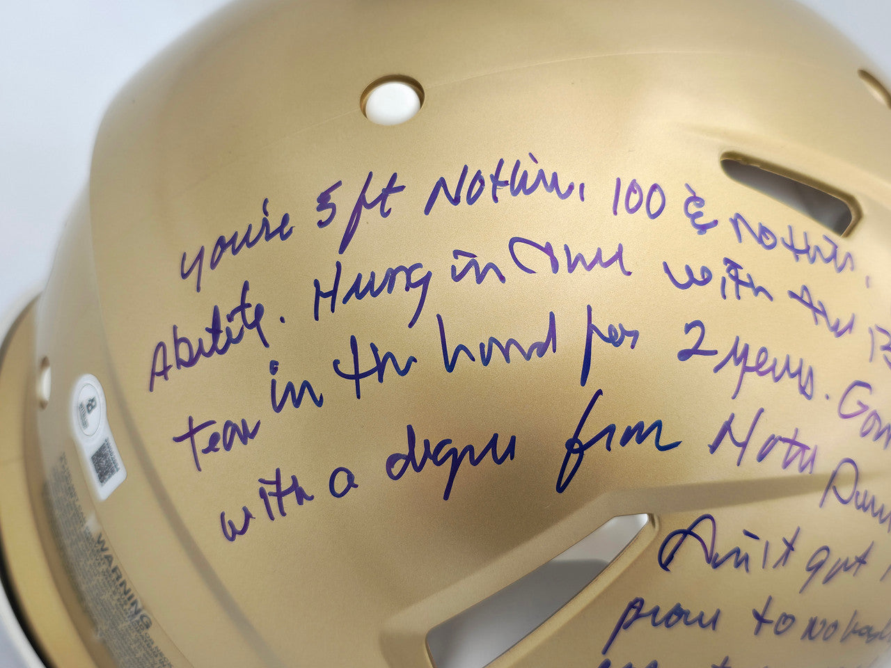 Rudy Ruettiger Autographed Notre Dame Fighting Irish Gold Full Size Authentic Speed Helmet Full Movie Speech Beckett BAS Witness Stock #243660