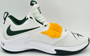 Giannis Antetokounmpo Autographed 2022 Player Exclusive (PE) Promo Oregon White Nike Zoom Freak 4 NCAA Shoes Size 16 (With Box) Beckett BAS Witness #3W396811 & #3W396812