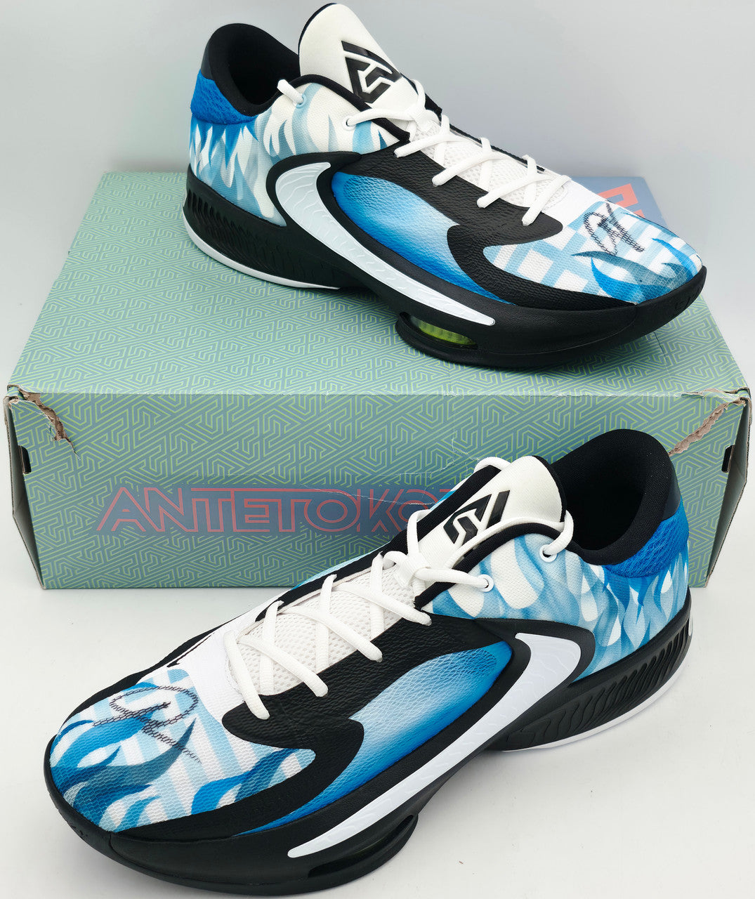 Giannis Antetokounmpo Autographed 2024 Player Exclusive (PE) Promo UConn White Nike Zoom Freak 6 NCAA Shoes Size 17 (No Box) Beckett BAS Witness #3W396931 & #3W396932