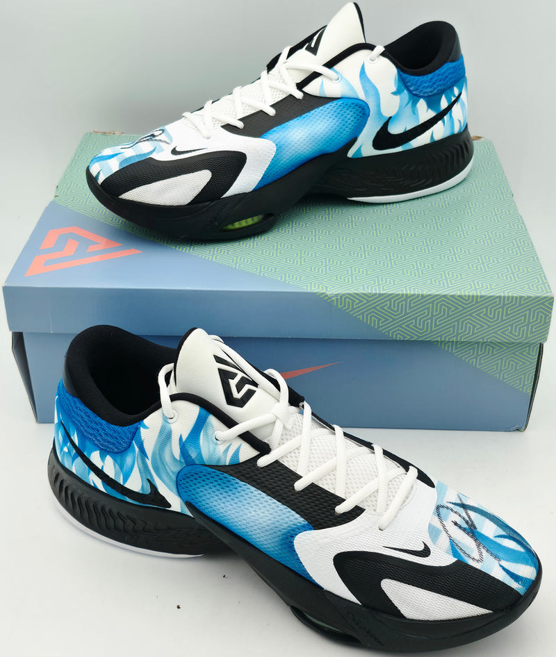 Giannis Antetokounmpo Autographed 2024 Player Exclusive (PE) Promo UConn White Nike Zoom Freak 6 NCAA Shoes Size 17 (No Box) Beckett BAS Witness #3W396931 & #3W396932