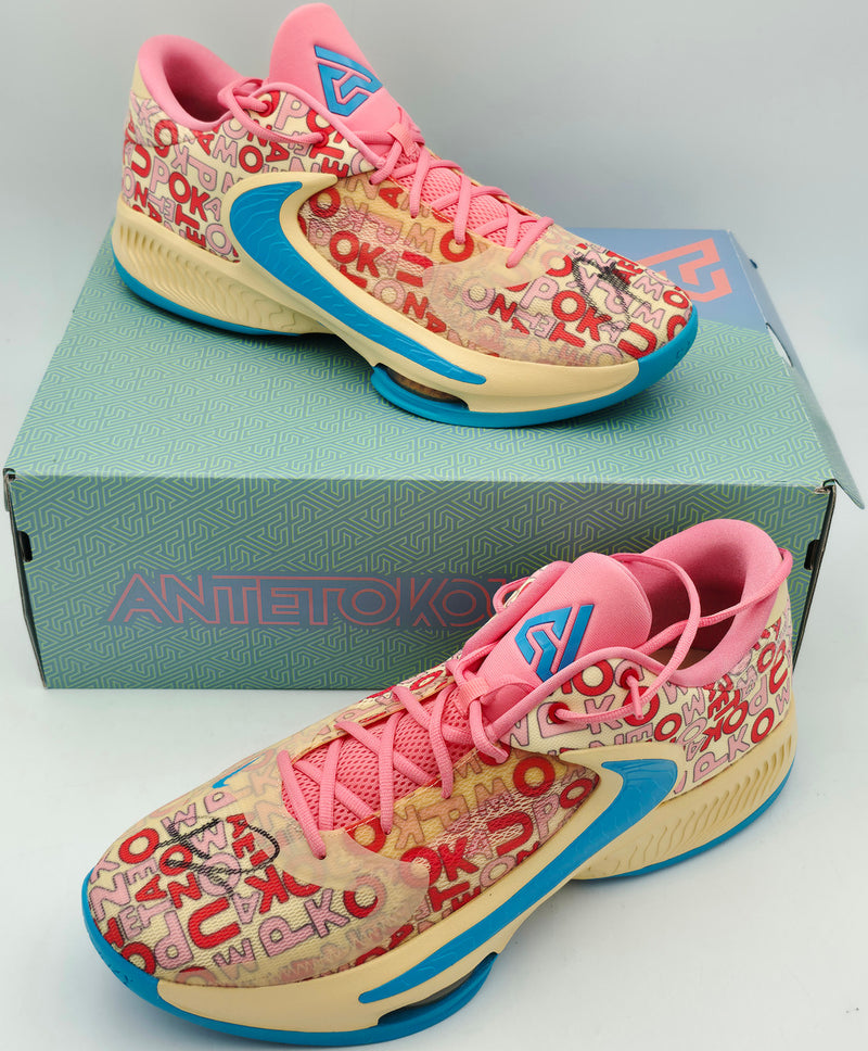 Giannis Antetokounmpo Autographed 2024 Player Exclusive (PE) Promo Arkansas Crimson Nike Zoom Freak 6 NCAA Shoes Size 17 (No Box) Beckett BAS Witness #3W396389 & #3W396390