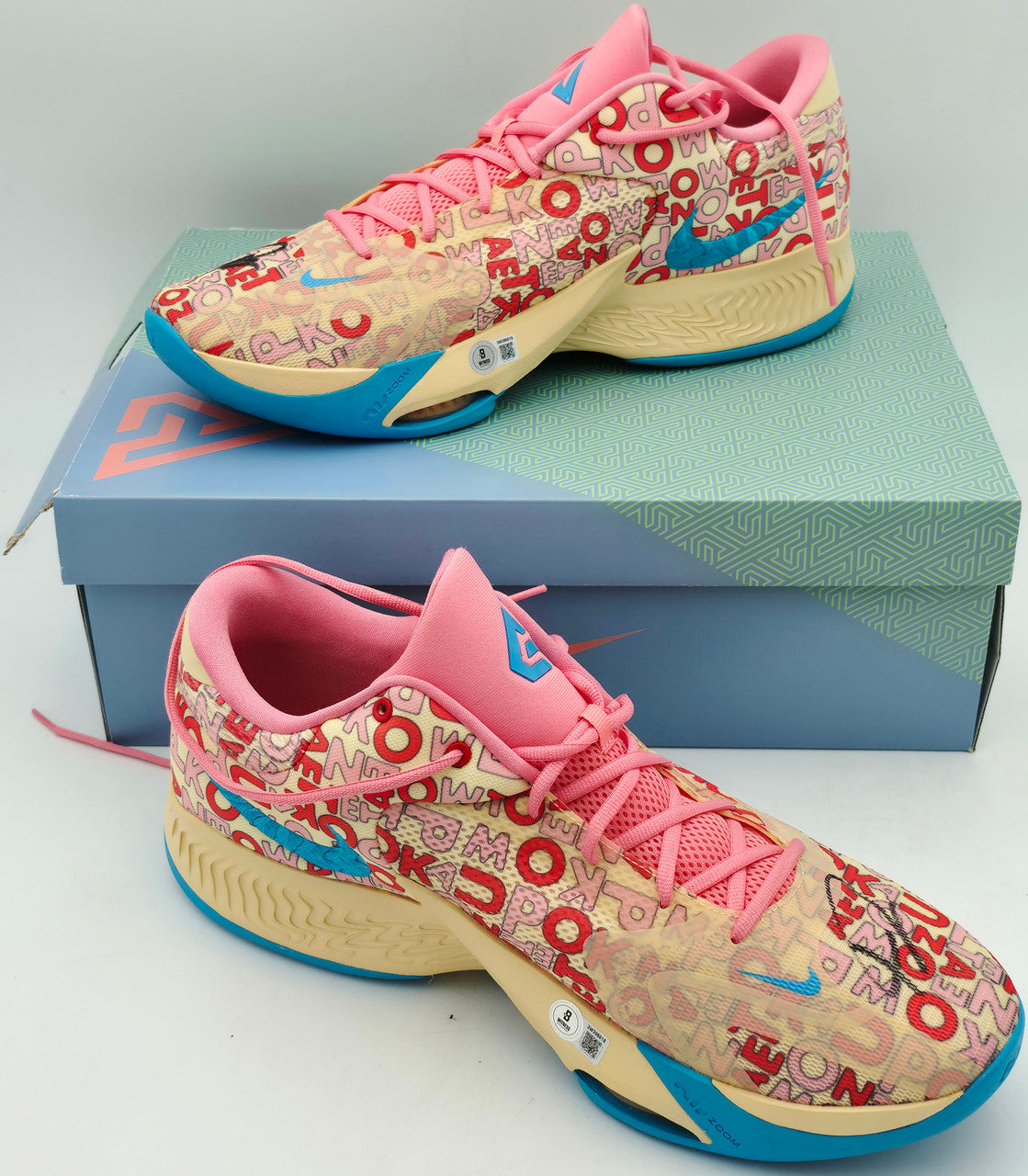 Giannis Antetokounmpo Autographed 2024 Player Exclusive (PE) Promo Arkansas Crimson Nike Zoom Freak 6 NCAA Shoes Size 17 (No Box) Beckett BAS Witness #3W396389 & #3W396390