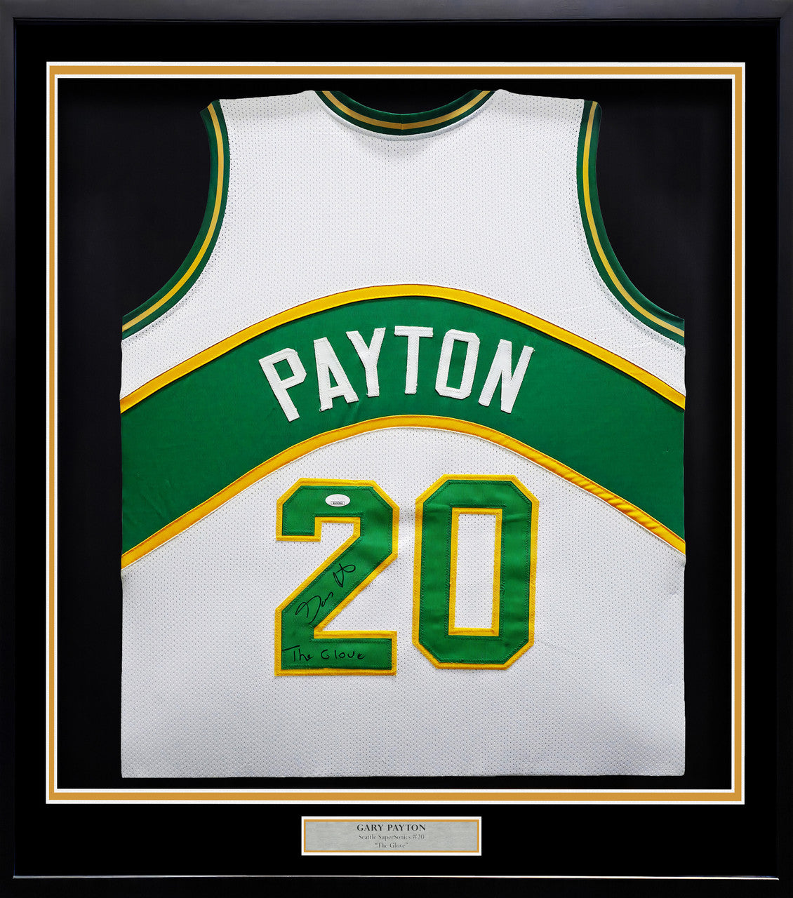 Seattle Supersonics Gary Payton Autographed Framed White Jersey "The Glove" JSA Stock #254173