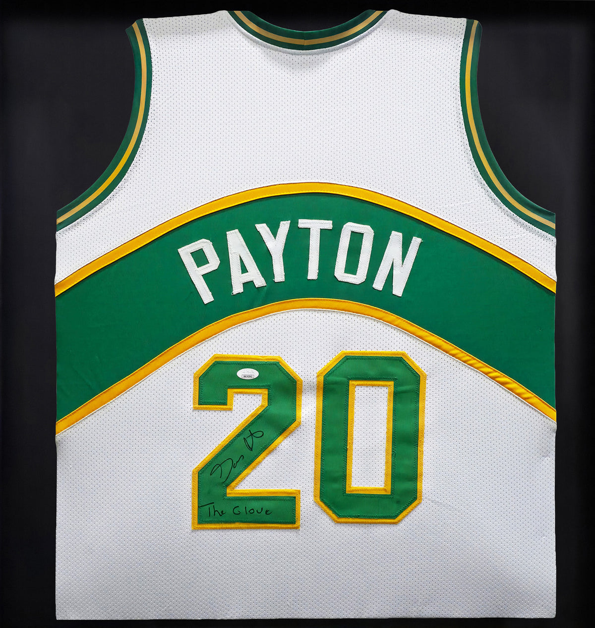 Seattle Supersonics Gary Payton Autographed Framed White Jersey "The Glove" JSA Stock #254173