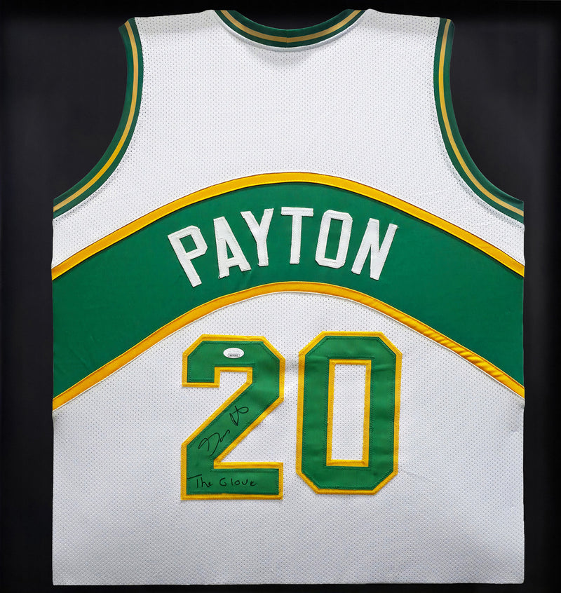 Seattle Supersonics Gary Payton Autographed Framed White Jersey "The Glove" JSA Stock #254173